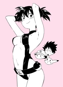 1girl armpits arms_behind_head arms_up ash_ketchum belt blush breasts brock_(pokemon) center_opening commentary_request cowboy_shot elbow_gloves gen_1_pokemon gloves greyscale highres looking_at_viewer medium_breasts misty_(pokemon) monochrome navel nintendo ogi_non one-piece_swimsuit pikachu poke_ball poke_ball_(basic) pokemon pokemon:_the_electric_tale_of_pikachu short_hair side_ponytail slingshot_swimsuit smile solo swimsuit underboob