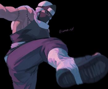 1boy black_background black_pants black_shirt colored_sclera forehead_protector green_eyes highres incoming_kick kakuzu_(naruto) kicking looking_at_viewer male_focus mask mouth_mask naruto_(series) naruto_shippuuden pants red_sclera shirt sleeveless sleeveless_shirt solo stitches takigakure_symbol unno_24