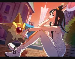 1girl absurdres black_hair building commentary_request cube_hair_ornament earclip eyelashes from_side gen_1_pokemon hair_ornament highres leggings letterboxed lida_(pokemon) long_hair lumiose_city nintendo open_mouth outdoors pokemon pokemon_(creature) pokemon_legends:_z-a ribbed_socks shirt shoes sitting sky sleeveless sleeveless_shirt socks sparkle staryu sweat topknot twilight twitter_username wagashi425 watermark white_shirt white_shoes white_socks