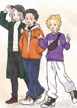 Rule 34 | 3boys, black hair, blonde hair, brown eyes, coat, commentary request, earrings, fanny pack, full body, garfiel tinsel, green coat, green eyes, grey hair, hair slicked back, hands in pockets, hat, highres, hood, hoodie, jacket, jewelry, litwa, long sleeves, male focus, multiple boys, natsuki subaru, necklace, open mouth, otto suewen, pants, pointing, re:zero kara hajimeru isekai seikatsu, shoes, short hair, smile, sneakers, sweater, walking, white hoodie, white pants