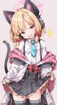 1girl animal_ear_headphones animal_ears black_thighhighs blonde_hair blue_archive blue_necktie bow commentary_request fake_animal_ears halo headphones highres momoi_(blue_archive) necktie paid_reward_available partial_commentary sabana shirt skirt solo tail thighhighs white_shirt