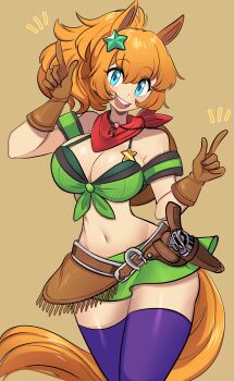 1girl absurdres animal_ears armband bandana bandeau bare_shoulders blue_eyes breasts brown_gloves brown_hair cleavage colt_single_action_army commentary cowboy_hat english_commentary gloves green_armband green_bandeau green_skirt gun hair_ornament handgun hat hat_on_back highres holstered horse_ears horse_girl horse_tail large_breasts long_hair looking_at_viewer midriff missandydandy navel open_mouth ponytail purple_thighhighs red_bandana revolver sheriff_badge simple_background skirt smile solo star_(symbol) star_hair_ornament taiki_shuttle_(umamusume) taiki_shuttle_(wild_frontier)_(umamusume) tail teeth thighhighs umamusume upper_teeth_only weapon