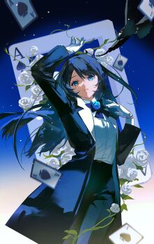 1girl ace_(playing_card) ace_of_spades ado_(utaite) arm_up bird black_hair black_vest blue_eyes bow bowtie card chando_(ado) commentary cowboy_shot crow eyelashes flower gloves gradient_background highres long_hair mole mole_under_eye parted_lips playing_card requiem_(requiem_art) rose shirt shirt_tucked_in sidelocks solo spade_(shape) spade_card vest white_flower white_gloves white_rose white_shirt