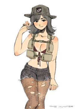 1girl collarbone denim denim_shorts grey_hair grey_nails hat heidi_(heytherenrds) medium_hair original pantyhose short_shorts shorts simple_background solo torn_clothes torn_pantyhose white_background