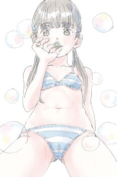 1girl bare_shoulders bikini blowing_bubbles blunt_bangs blush breasts brown_eyes brown_hair bubble_pipe cameltoe collarbone feet_out_of_frame from_below gluteal_fold highres leaning_forward loli long_hair looking_at_viewer navel original poranka_(porankaran) simple_background small_breasts soap_bubbles solo spread_legs standing striped_bikini striped_clothes swimsuit twintails white_background white_bikini