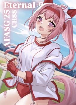 1girl animal_ears bandaid bandaid_on_leg blue_sky blush bow breasts buruma collarbone ear_bow ear_covers fingerless_gloves flower-shaped_pupils flower_in_eye gloves hairband haru_urara_(bestest_prize)_(umamusume) haru_urara_(umamusume) headband highres horse_ears horse_girl horse_tail jacket long_hair looking_at_viewer medium_breasts open_mouth outdoors pink_buruma pink_eyes pink_hair pink_headband ponytail red_buruma red_gloves red_headband shirt sky smile solo symbol-shaped_pupils symbol_in_eye tail ten-chan_(eternal_s) umamusume white_jacket white_shirt