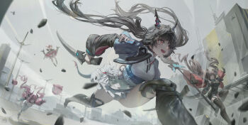 4girls angelina_(arknights) animal_ears arknights arknights:_endfield black_dress black_gloves black_hair black_thighhighs blue_jacket boots breasts brown_hair cameltoe chen_qianyu_(arknights) cloud cloudy_sky commentary debris dragon_girl dragon_horns dragon_tail dress english_commentary floating fox_ears fox_girl gilberta_(arknights) gloves high_heel_boots high_heels highres holding holding_staff holding_sword holding_weapon horns jacket jay_xu laevatein_(arknights) long_hair long_sleeves medium_breasts multiple_girls open_clothes open_jacket open_mouth outdoors panties pantyshot pink_hair pokemon pokemon_(creature) red_dress red_eyes red_hair reverse_grip running signature sky staff surtr_(arknights) sword tail thigh_boots thighhighs twintails underwear upskirt very_long_hair weapon white_panties yvonne_(arknights)