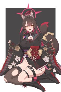 1girl absurdres animal_ear_fluff animal_ears black_boots black_flower black_gloves black_hair black_kimono black_thighhighs blue_archive blush boots bow colored_inner_hair fangs fingerless_gloves floral_print floral_print_kimono flower fox_ears fox_girl fox_tail gloves grey_sailor_collar hair_between_eyes hair_flower hair_ornament highres japanese_clothes kimono kurowanjjyang long_hair looking_at_viewer multicolored_hair no_panties obi open_mouth print_kimono purple_sash red_bow red_hair sailor_collar sash single_thighhigh sitting solo tail tail_bow tail_ornament thigh_strap thighhighs torn_clothes torn_thighhighs two-tone_hair wakamo_(blue_archive) wide_sleeves yellow_bow yellow_eyes