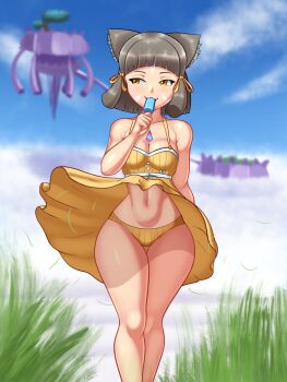 1girl animal_ear_fluff animal_ears arm_behind_back bare_arms bare_shoulders black_hair blue_sky blunt_bangs blurry breasts cat_ears cat_girl chest_jewel cleavage clothes_lift cloud cloudy_sky curvy day depth_of_field dress dress_lift eating eyebrows facial_mark facing_viewer feet_out_of_frame female_focus floating_island food grass grey_hair hair_ribbon highres holding holding_food island legs_together looking_away looking_to_the_side medium_breasts navel nia_(fancy_sundress)_(xenoblade) nia_(xenoblade) outdoors panties pantyshot popsicle ribbon short_hair sideways_glance simple_background sky sleepiitreat sleeveless sleeveless_dress small_breasts solo standing stomach sundress thighs underwear upskirt wind wind_lift xenoblade_chronicles_(series) xenoblade_chronicles_2 yellow_dress yellow_eyes yellow_panties yellow_ribbon