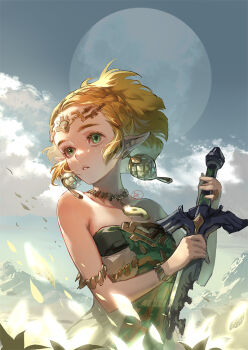 1girl armlet bare_shoulders blonde_hair bracelet braid broken broken_sword broken_weapon circlet cloud collarbone commentary crown_braid dress earrings eyelashes facepaint falling_leaves full_moon green_dress green_eyes hands_up holding holding_sword holding_weapon jewelry leaf looking_to_the_side magatama magatama_necklace master_sword moon mountainous_horizon multicolored_dress necklace nintendo outdoors parted_lips pointy_ears princess_zelda short_hair signature sky solo strapless strapless_dress suzuki_rika sword the_legend_of_zelda the_legend_of_zelda:_tears_of_the_kingdom upper_body weapon white_dress wind