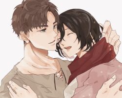 Rule 34 | 1boy, 1girl, arm around back, black hair, brown hair, brown shirt, cardigan, closed eyes, couple, eren yeager, green eyes, hair between eyes, hand in another&#039;s hair, hand on another&#039;s shoulder, hetero, highres, hug, mikasa ackerman, nitijoy2, open mouth, parted bangs, parted lips, pink cardigan, red scarf, scarf, shingeki no kyojin, shirt, short hair, smile, upper body, white background