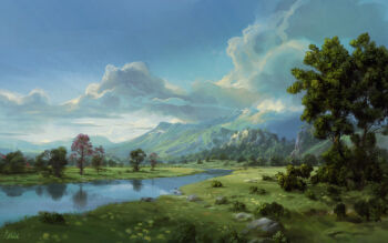 absurdres blue_sky bush cloud commentary day english_commentary gradient_sky highres landscape mountainous_horizon no_humans original outdoors painterly philipp_urlich reflection reflective_liquid river rock scenery sky sunlight tree water white_sky