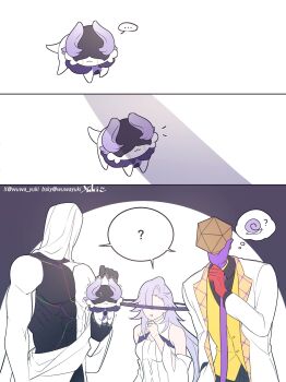 Rule 34 | 1girl, 2boys, ?, abs, asat pramad, body markings, breasts, celenova, chimera (honkai: star rail), covered face, formal clothes, halo, highres, holding, honkai: star rail, honkai (series), long hair, lygus (honkai: star rail), multiple boys, muscular, muscular male, necktie, nervous, object head, off shoulder, parted bangs, parted lips, purple hair, robe, shirt, speech bubble, split-color skin, suit, thought bubble, veil, very long hair, wuwa yuki, zephyro