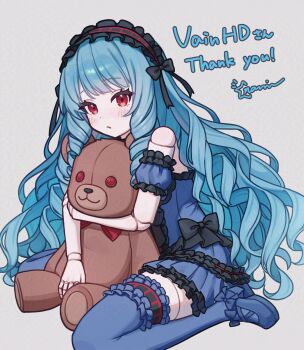 Rule 34 | 1girl, bare shoulders, black hairband, blue dress, blue hair, blue shoes, blue thighhighs, character request, commentary request, commission, copyright request, doll joints, dress, frilled dress, frilled hairband, frilled thighhighs, frills, full body, grey background, hairband, highres, hugging doll, hugging object, joints, long hair, looking at viewer, namin (namin star), parted lips, red eyes, shoes, simple background, skeb commission, solo, stuffed animal, stuffed toy, teddy bear, thank you, thighhighs