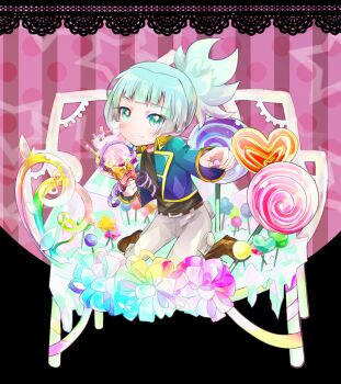 1boy blue_hair border candy colorful food full_body green_eyes jacket lace lace_border lollipop male_focus ornate_border ponytail ric_(aceradio) shiun&#039;in_sora shiunin_sora smile solo yu-gi-oh! yu-gi-oh!_arc-v