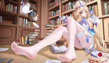 1girl ;) absurdres aichinaigai beret blonde_hair blue_eyes book book_stack bookshelf breasts cake cake_slice chinese_commentary commentary_request cup dress food foot_focus genshin_impact hat highres library long_hair looking_at_viewer medium_breasts nib_pen_(object) nicole_(genshin_impact) one_eye_closed panties pantyhose pen plate sitting smile soles solo teacup toes underwear very_long_hair white_dress white_panties white_pantyhose white_sleeves