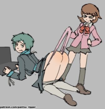 2girls aqua_hair ass black_jacket black_skirt bow bowtie brown_eyes brown_hair bullying butt_crack cardigan collared_shirt computer full_body grimace jacket laptop long_sleeves multiple_girls open_mouth panties pantsu-ripper panty_lift panty_tug pantyhose pantyhose_around_legs persona persona_3 pink_panties prank ribbon-trimmed_sleeves ribbon_trim school_uniform shirt short_hair simple_background skirt sweater takeba_yukari turtleneck turtleneck_sweater underwear wedgie white_pantyhose yamagishi_fuuka