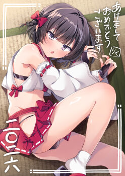 1boy 2026 artist_name bare_legs bare_shoulders black_hair black_panties blush bow braid chestnut_mouth clothing_cutout commentary_request crop_top detached_sleeves hair_bow hakama hakama_short_skirt hakama_skirt happy_new_year highres hip_vent japanese_clothes looking_at_viewer lying male_focus microskirt midriff new_year nontraditional_miko on_floor on_side original panties purple_eyes red_bow riku_(melty_drop) short_hair single_braid skirt solo tabi tatami trap turning_head underwear