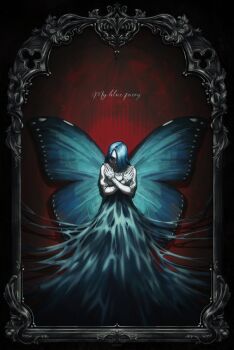 1girl absurdres black_border blue_butterfly blue_hair body_horror border bug butterfly closed_mouth crossed_arms death decay english_text highres insect lies_of_p ornate_border pale_skin red_background solo sophia_monad spoilers wryyyto