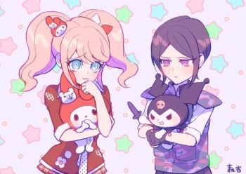 2girls :3 artist_request black_hair blonde_hair blue_eyes blush bow camouflage camouflage_jacket danganronpa:_trigger_happy_havoc danganronpa_(series) enoshima_junko freckles green_star hair_bow holding holding_sword holding_weapon ikusaba_mukuro jacket kuromi military_jacket multiple_girls my_melody necktie onegai_my_melody pink_star purple_background purple_eyes red_shirt sanrio shirt short_hair siblings signature sisters star_(sky) sword twins twintails weapon
