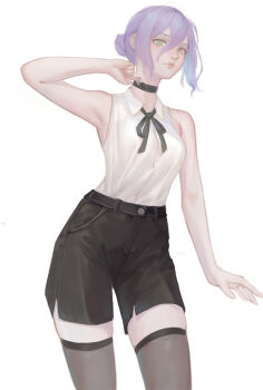 1girl black_choker black_ribbon black_shorts black_thighhighs chainsaw_man choker green_eyes grenade_pin hair_between_eyes hair_bun highres lips long_hair_between_eyes looking_at_viewer purple_hair reze_(chainsaw_man) ribbon shchrit shirt short_hair shorts single_hair_bun sleeveless sleeveless_shirt solo thighhighs white_shirt