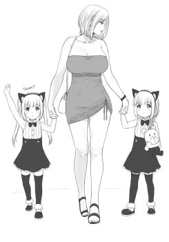 2girls animal_ears auntie_nee_(xter) bag blonde_hair bow bowtie braid braided_ponytail breasts cat_ears child commentary_request dress full_body handbag holding_hands huge_breasts large_breasts legs mature_female mother_and_daughter multiple_girls original shoes short_hair siblings skirt stuffed_animal stuffed_toy teddy_bear thai_commentary thai_text thighs translation_request twins twintails xter