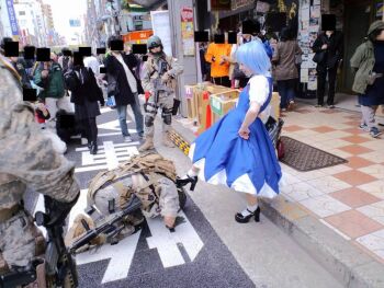 Rule 34 | army, assault rifle, black hair, blue hair, boots, camouflage, carbine, censored, cirno, cosplay, crowd, denim, dress, full body, gun, hair ribbon, hand on own hip, high heels, hip focus, censored identity, jacket, japan, jeans, m4 carbine, military, military uniform, necktie, pants, pantyhose, photo (medium), ribbon, rifle, road, shoes, short hair, skirt, smile, socks, soldier, street, touhou, weapon