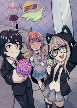 1boy 3girls artist_request black-framed_eyewear black_hair black_jacket black_necktie black_pants black_thighhighs blazer blonde_hair blue_eyes blush brown_eyes cardigan closed_mouth collared_shirt commentary conspiracy_research_club english_commentary flag food glasses green_eyes grey_cardigan grey_skirt heterochromia highres holding holding_flag holding_food holding_ice_cream ice_cream jacket jaime_taylor katya_petrikov looking_at_viewer luna_gardner multiple_girls necktie open_mouth pants pink_hair pleated_skirt rainbow_flag red_hair school_uniform selfie shirt skirt smile soft_serve sprinkles teeth thighhighs upper_teeth_only white_shirt