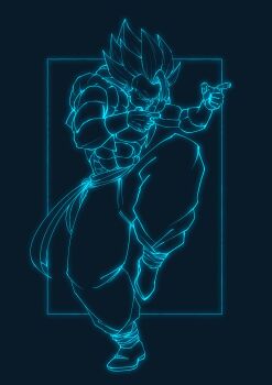 1boy blue_theme cropped_vest dragon_ball dragon_ball_super dragon_ball_super_broly full_body gogeta highres male_focus medium_hair metamoran_vest muscular muscular_male no_shirt pants sash solo spiked_hair standing standing_on_one_leg stktik09060906 super_saiyan super_saiyan_blue vest