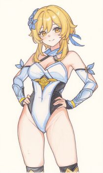 1girl alternate_costume blonde_hair breasts cleavage covered_navel curvy fingerless_gloves genshin_impact gloves hands_on_own_hips highres large_breasts legs leotard looking_at_viewer lumine_(genshin_impact) short_hair smile solo thick_thighs thighs traditional_media wrestling_outfit yellow_eyes