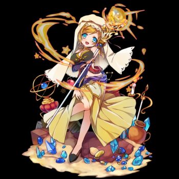 1girl aqua_eyes arm_under_breasts bandeau bare_shoulders black_background blonde_hair blush bouncing_breasts breasts candle cleavage fire flats full_body head_tilt highres holding holding_staff jewelry large_breasts long_skirt merc_storia merc_storia_art_team navel necklace official_art open_hand open_mouth outstretched_arm ribbon short_hair side_slit sidelocks simple_background skirt smile solo staff standing standing_on_one_leg tachi-e tareme wendy_(merc_storia) yellow_skirt