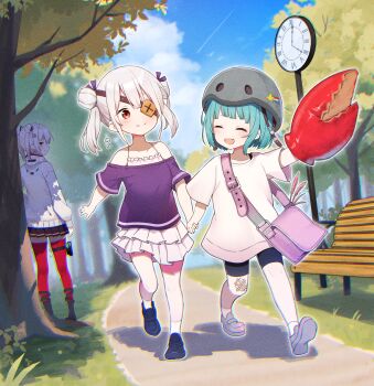 3girls :d ^_^ absurdres aged_down bag bare_shoulders bench bike_shorts black_shoes black_skirt blue_hair blue_sky blunt_bangs blush bungo_yayoi child clock closed_eyes closed_mouth cloud commentary crab_claw day double_bun dual_persona eyepatch fang full_body hair_bun handbag happy heaven_burns_red helmet highres looking_at_another medium_hair miniskirt multiple_girls off-shoulder_shirt off_shoulder open_mouth outdoors outline outstretched_arm park park_bench pink_bag pleated_skirt profile purple_shirt red_eyes red_thighhighs rinki_oohen road shirt shoes short_hair sidelocks sideways_glance skin_fang skirt sky smile socks split_mouth standing t-shirt thighhighs tree twintails two_side_up walking white_outline white_shirt white_shoes white_skirt white_socks yamawaki_bon_ivar zettai_ryouiki