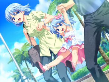 bag blue_eyes blue_hair blue_sky bracelet brick bush child cloud collared_shirt denim dress family father_and_daughter hair_ornament hairband hairclip handbag happy head_out_of_frame highres himuro_rikka holding_hands jeans jewelry koutaro lamppost mother_and_daughter palm_tree panties pants shirt short_hair sky smile tree tropical_kiss underwear upskirt