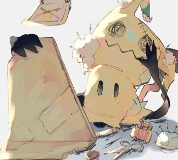 animal_focus backlighting black_eyes blank_eyes buttons gen_7_pokemon grey_background holding holding_mirror jari_(jje11y12) looking_at_mirror marker mimikyu mirror needle nintendo no_humans pincushion pokemon pokemon_(creature) sad scissors solid_oval_eyes solo spool stitches stuffing tape tears wanted_poster