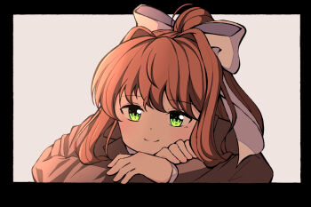 1girl ahoge black_frame blazer bow brown_hair bustermoon doki_doki_literature_club dot_nose framed green_eyes hair_bow hair_intakes hands_on_own_arms head_on_arm jacket long_hair looking_at_viewer monika_(doki_doki_literature_club) ponytail school_uniform smile very_long_hair white_background