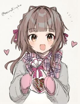 Rule 34 | 1girl, blush, brown eyes, brown hair, candy, chocolate, chocolate heart, commentary request, cropped torso, dress, food, gift, grey background, grey dress, hair ribbon, heart, heart-shaped food, highres, holding, holding gift, kantai collection, long sleeves, looking at viewer, mittens, open mouth, pink mittens, pink scarf, plaid clothes, plaid scarf, red ribbon, ribbon, sakura-konoha, scarf, simple background, solo, twitter username, ukuru (kancolle), ukuru (valentine) (kancolle), upper body, valentine