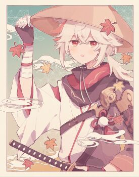 1boy :o absurdres arm_up asa_no_ha_(pattern) autumn_leaves bandaged_hand bandages black_border black_gloves border commentary_request crossed_bangs fingerless_gloves genshin_impact gloves gradient_background grey_hair hair_between_eyes hakama hat hexagon highres holding holding_sword holding_unworn_clothes holding_unworn_hat holding_weapon japanese_clothes kaedehara_kazuha katana kikkoumon leaf light_blush looking_at_viewer male_focus medium_hair multicolored_hair open_mouth ponytail red_eyes red_hair red_scarf rice_hat ririco_(gnsn) scarf short_ponytail sidelocks solo streaked_hair sword unworn_hat unworn_headwear upper_body weapon white_border white_hakama wide_sleeves
