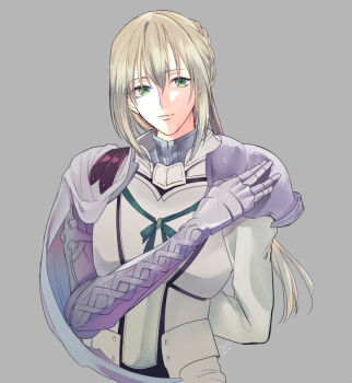 Rule 34 | 1boy, armor, bedivere (fate), bishounen, blonde hair, braid, closed mouth, commentary request, crown braid, fate/grand order, fate (series), green eyes, grey background, grey hair, iseyun, knight, long hair, male focus, prosthesis, prosthetic arm, sidelocks, single shoulder pad, solo, upper body