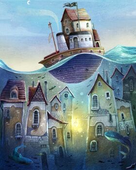 Rule 34 | animal, boat, building, crescent moon, evening, fish, flag, flagpole, francisco fonseca, highres, house, lantern, moon, no humans, ocean, original, outdoors, skull and crossbones, smoke, water, watercraft, whale