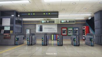 3d ad atm blender_(medium) ceiling ceiling_light commentary english_commentary english_text floor foxeleos highres indoors no_humans original photoshop_(medium) scenery stairs subway tile_floor tiles trash_can vending_machine wall watermark