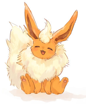 :3 animal_ears blush closed_eyes commentary_request facing_viewer fangs flareon full_body fur_collar gen_1_pokemon nintendo no_humans oinyanyari open_mouth orange_fur pokemon pokemon_(creature) pokemon_focus sitting smile solo straight-on tail white_background