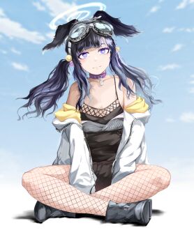 1girl absurdres blue_archive blue_sky fishnet_pantyhose fishnets hibiki_(blue_archive) highres looking_at_viewer pantyhose plentyofempty short_shorts shorts sitting sky solo