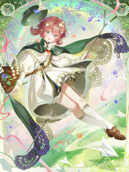 1girl :d absurdres ahoge bag bird_hat_ornament black_cape black_hat blue_eyes bow bowtie brown_bag brown_hair brown_shoes cape coat dress floating flower flutterpage flutterpage_(gently_comes_the_thawing_breeze) full_body grass green_background hair_flower hair_ornament hat highres holding holding_rod jiusheng_(huaichuan) juliet_sleeves lily_of_the_valley long_sleeves looking_at_viewer mailbag official_alternate_costume open_mouth origami paper_airplane paper_crane path puffy_sleeves reverse:1999 road rod shoes short_dress short_twintails shoulder_bag smile socks solo twintails unworn_hat unworn_headwear white_bow white_bowtie white_coat white_dress white_flower white_socks