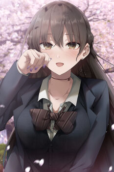 1girl black_jacket blazer bow bowtie breasts brown_eyes brown_hair cherry_blossoms choker commentary_request earrings falling_petals jacket jewelry konata_(kankin_jk) large_breasts long_hair long_sleeves looking_at_viewer mishiranu_joshikousei_ni_kankin_sareta_mangaka_no_hanashi no_mask open_mouth petals pink_petals purple_nails red_bow red_bowtie ribbon_choker ryouma_(galley) school_uniform shirt smile solo tears upper_body white_shirt wiping_tears