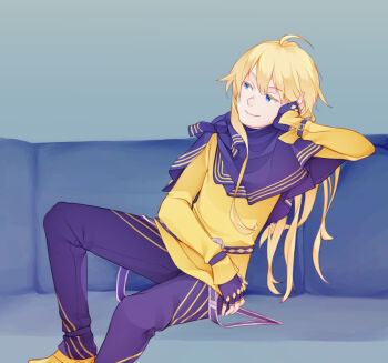 1boy ahoge androgynous ankle_belt belt black_belt black_gloves black_pants black_shawl blonde_hair blue_background blue_eyes closed_mouth commentary couch english_commentary fingerless_gloves foot_out_of_frame gloves hair_between_eyes hand_up long_hair long_sidelocks long_sleeves on_couch pants shawl shirt shoes sidelocks sitting smile solo thor_(toaru_majutsu_no_index) toaru_majutsu_no_index toaru_majutsu_no_index:_new_testament vilatile wrist_belt yellow_shirt yellow_shoes