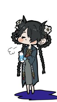 1girl black_hair bottle braid buzhichun_(xinyue_tongxing) chibi closed_eyes coat dress flower green_dress grey_coat hair_flower hair_ornament hair_over_one_eye holding holding_bottle long_dress long_hair milk_bottle one_eye_covered parted_lips puff_of_air solo standing twin_braids upper_body very_long_hair white_background white_flower xinyue_tongxing ziyunshanding