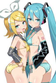 2girls aqua_necktie armpit_crease ass bare_shoulders bikini black_sailor_collar black_sleeves blonde_hair blue_bikini blue_eyes blue_hair blue_thighhighs blush bow breasts butt_crack commentary cowboy_shot detached_collar detached_sleeves dot_nose from_behind hair_between_eyes hair_bow hair_ornament hair_ribbon hairclip halterneck hatsune_miku headphones highres kagamine_rin lace-trimmed_collar lace_trim long_hair looking_at_viewer looking_back maud0239 medium_breasts medium_hair miku_collar_bikini multiple_girls neckerchief necktie neon_trim number_tattoo open_mouth parallel_hairclips ribbon sailor_collar shoulder_tattoo side-tie_bikini_bottom sideboob sidelocks simple_background small_breasts smile straight_hair striped_bikini striped_clothes sweat swimsuit tattoo thighhighs treble_clef twintails very_long_hair vocaloid white_background white_bow yellow_bikini yellow_neckerchief