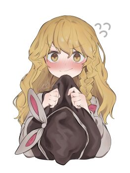 1girl black_hat blonde_hair blush bow braid closed_mouth embarrassed hair_bow hat hat_with_ears highres holding holding_unworn_clothes holding_unworn_hat kirisame_marisa long_hair long_sleeves looking_at_viewer niru_(ka_k_0517) pink_bow side_braid signature simple_background single_braid smile solo touhou unfinished_dream_of_all_living_ghost unworn_hat unworn_headwear white_background witch_hat yellow_eyes