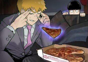 2boys black_hair blonde_hair bowl_cut clenched_teeth couch devovas food formal_clothes grey_suit highres kageyama_shigeo male_focus man_levitating_pizza_(meme) meme mob_psycho_100 multiple_boys necktie photo-referenced pink_necktie pizza pizza_box pizza_slice reigen_arataka suit sweat teeth telekinesis