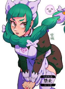 Rule 34 | 2girls, apron, black romper, blunt bangs, bow, bowtie, braid, braided ponytail, clenched teeth, commentary request, glove bow, gold ring, green hair, highres, jacinthe (pokemon), juliet sleeves, lebanne (pokemon), long hair, long sleeves, maid apron, maid headdress, master and servant, mega stone, multiple girls, nintendo, out of frame, pink lips, pokemon, pokemon legends: z-a, puffy sleeves, romper, shibama tk9, solo focus, spoken expression, sweat, teeth, thighhighs, tsurime, v-shaped eyebrows, white bow, white bowtie, white thighhighs